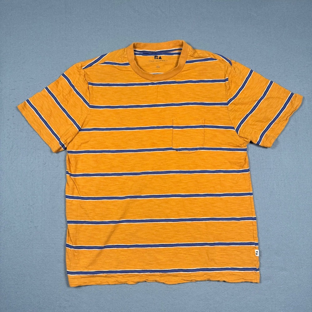Free Assembly Mens Large Orange Blue Striped Pocket T-Shirt Slub Knit Crewneck L